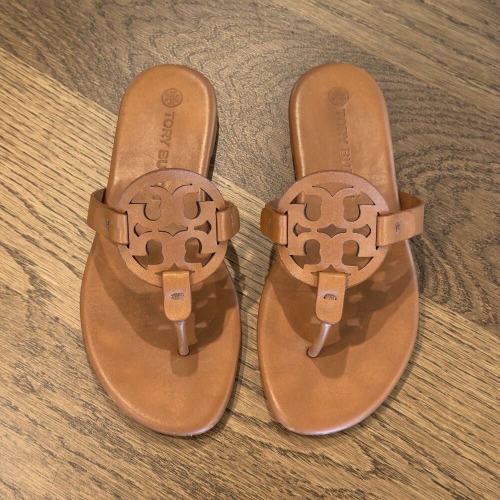 Tory Burch Miller Calf Leather Soft Sandals Women’s Sz 5.5 Bourbon Miele Emblem - Picture 3 of 9
